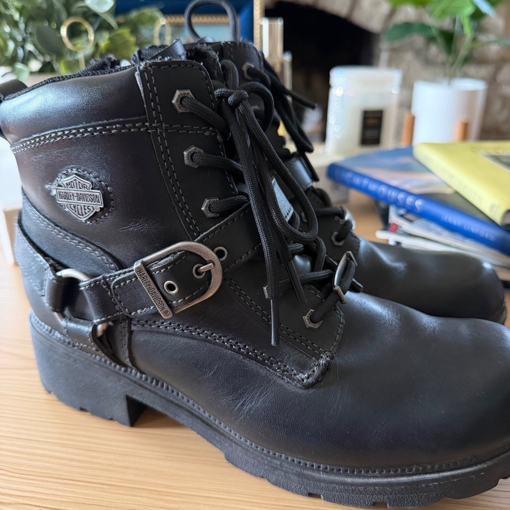 Harley-Davidson Womens Black Leather Motorcycle Boots D84424 Lace Up Zip 9.5